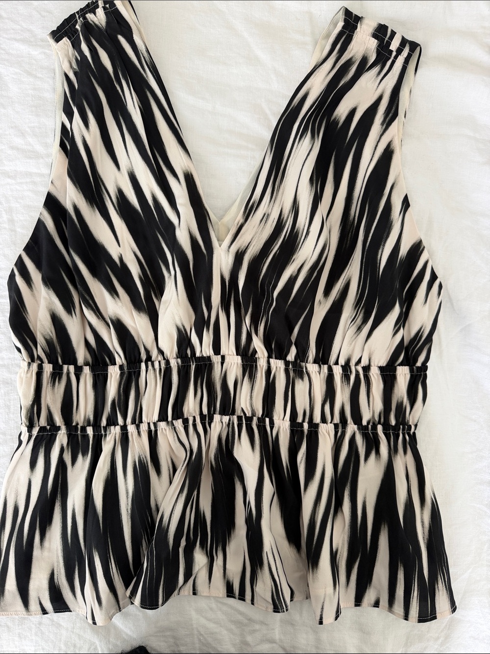 Banana Republic Black and Cream V-Neck Sleeveless Peplum Blouse